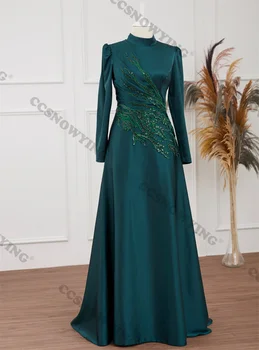 Модные Атласные Аппликации С Высоким воротом И Длинным Рукавом Мусульманские Вечерние Платья Для официальных Вечеринок Хиджаб Женщины Арабский Кафтан Халат