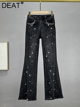 Модные женские джинсы с высокой талией и бриллиантами, черные джинсовые расклешенные брюки в стиле пэчворк со стразами, весенняя новинка 2024, 29L3904