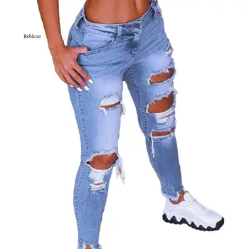 Модные женские джинсы с низкой талией, подтяжкой бедер, рваными отверстиями, узкие джинсовые брюки-карандаш, брюки с рваными растягивающимися отверстиями, брюки-карандаш