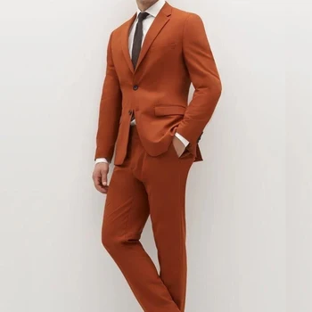 Модные оранжевые мужские костюмы, блейзер, полный комплект, куртка, брюки, приталенный свадебный наряд, элегантная мужская одежда, официальный комплект