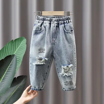 Модные повседневные джинсовые брюки для мальчиков от 2 до 9 лет, Джинсовые брюки для маленьких мальчиков, Детские Рваные штаны, Нижняя одежда