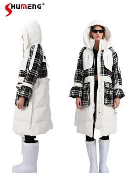 Модные пуховики контрастного цвета в стиле пэчворк, утепленные, с капюшоном, супер теплые пальто, женские пальто с длинным рукавом и карманом на молнии.