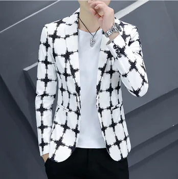 модный весенний клетчатый пиджак мужской однобортный повседневный блейзер Slim Fit с длинным рукавом, костюм, верхняя куртка, пальто