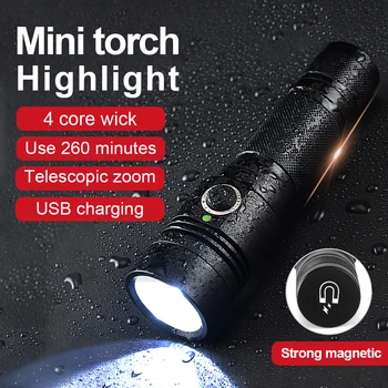 Мощный мини светодиодный фонарик 3500ЛМ, супер яркий магнитный фонарь, USB перезаряжаемый фонарь, походный фонарь с индикатором мощности