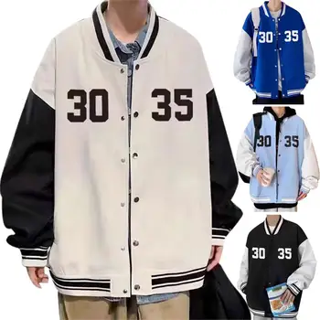 Мужская весенняя куртка с однобортным принтом с цифрами, длинные рукава, эластичные манжеты контрастного цвета в полоску, Мужская бейсбольная куртка, Мужская одежда