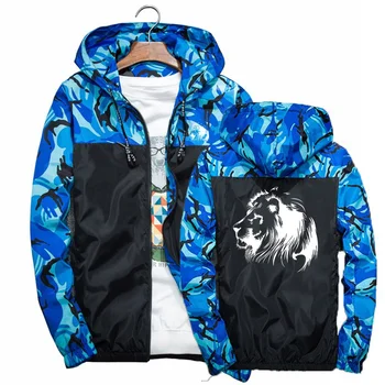 Мужская камуфляжная куртка-бомбер в стиле пэчворк с принтом льва для медитации 2024, повседневное пальто с капюшоном и карманом на молнии, трендовые уличные топы