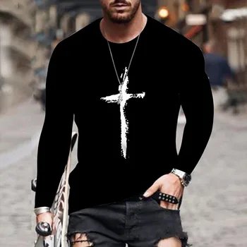 Мужская модная футболка с перекрестным принтом, весна-осень, с круглым вырезом, с длинным рукавом, в стиле хип-хоп, свободная уличная спортивная повседневная футболка, мужская