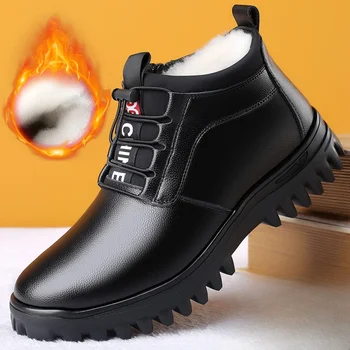 Мужские зимние ботинки Ботильоны с толстой плюшевой подкладкой, кожаная теплая обувь на шнуровке, уличные водонепроницаемые ботинки для работы в офисе