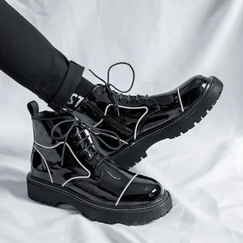 Мужские модные ботинки из лакированной кожи в английском стиле, брендовая дизайнерская черно-белая обувь, ковбойские ботинки на платформе, трендовые ботильоны botas zapatos