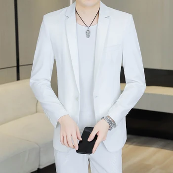 Мужчины высокого качества (костюм + брюки) Стильный и красивый Трендовый Корейский Тонкий Однотонный комплект из двух предметов Four Seasons Smart Casual