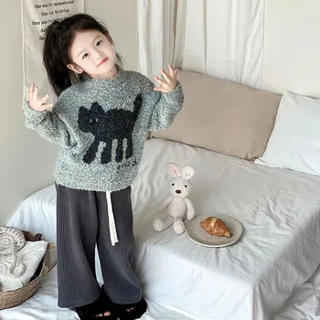 Мультяшный утолщенный шерстяной пуловер Свитер + брюки Одежда для девочек Комплект одежды для маленьких девочек Корейская детская одежда 2023 Осень / зима