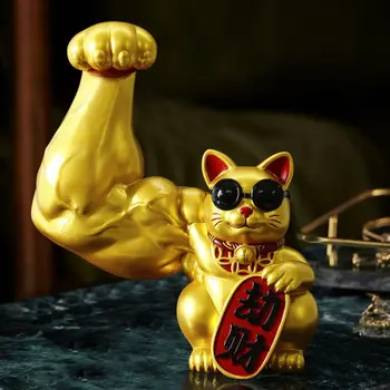 Мускулистая рука Украшения Lucky Cat Изделия из золотой смолы для гостиной, милые животные, Маленькие Украшения, Креативные современные украшения для дома