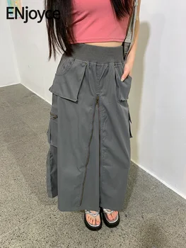 Наслаждайтесь Летней женской длинной юбкой-карго в винтажном японском стиле Harajuku С высокой талией, карманом на молнии, прямой юбкой с разрезом Y2k Streetwear