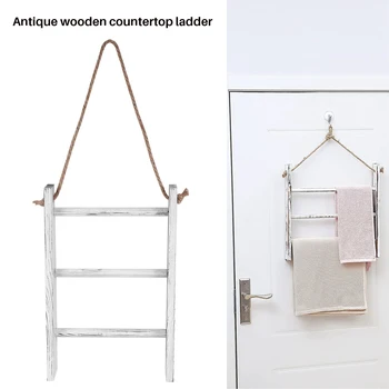 Настенная лестница для полотенец, лестница для столешницы из деревенского побеленного дерева, декор фермерского дома, вешалка для полотенец с регулируемой веревкой