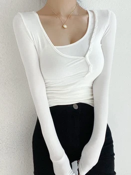 Нерегулярный комплект из двух предметов, укороченные футболки, женская горячая девушка, облегающий камзол, Женская стильная однотонная нижняя рубашка с длинным рукавом