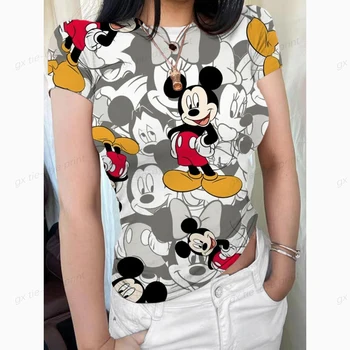 Новая женская летняя футболка с круглым вырезом и принтом Kawaii Disney с Микки Маусом, элегантная футболка с коротким рукавом, уличная модная повседневная футболка