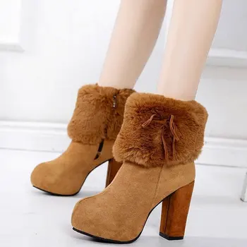 Новая зимняя обувь, женские ботинки, модные женские туфли на высоком каблуке, плюшевые теплые женские брендовые ботильоны, ботинки на платформе, высокие ботинки