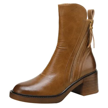 Новая осенняя женская обувь, кожаные короткие сапоги для женщин, ботинки на массивном каблуке с круглым носком, Ботильоны на молнии, женская обувь на платформе C1056