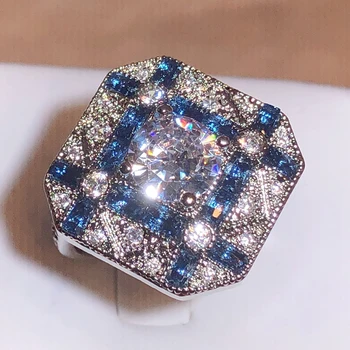 Новое геометрическое кольцо с синим цирконием, женское кольцо с маркой 925 пробы, Большое квадратное кольцо, подарок на День рождения, Ювелирные изделия Оптом
