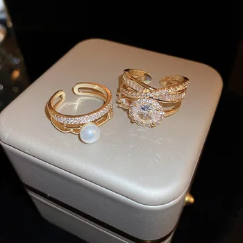 Новое Южнокорейское изысканное геометрическое многослойное кольцо, модное элегантное простое кольцо с жемчугом, женские ювелирные изделия