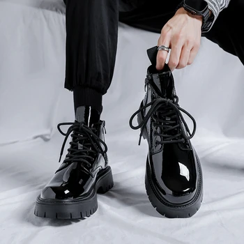 Новые Корейские молодежные высокие ботинки из зеркальной кожи, мужские высокие сапоги-бочонки, модные Деловые ботинки на шнуровке с классической боковой молнией до середины голенища