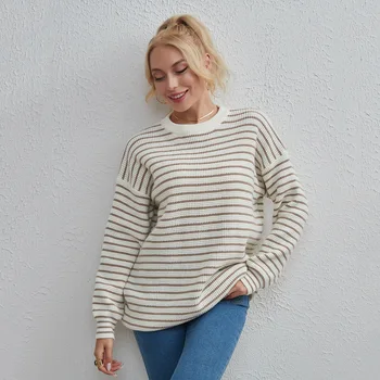 Новый женский универсальный топ в полоску с круглым вырезом, простой повседневный свободный свитер