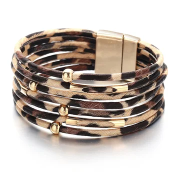 Новый многослойный магнитный браслет с леопардовым принтом для женщин, модный браслет из искусственной кожи, богемные украшения для вечеринок