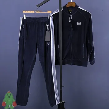 Новый спортивный костюм с вышивкой спицами-бабочками, бархатная куртка на молнии, темно-синяя спортивная одежда