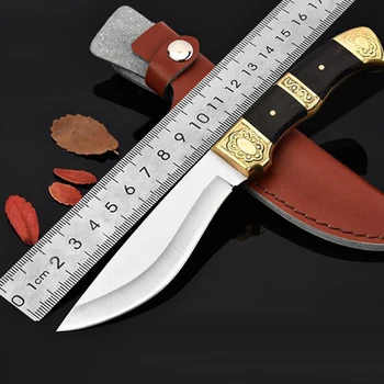 Нож с фиксированным лезвием из дамасской стали, карманный тактический нож для выживания, Охотничьи ножи для кемпинга, Уличные инструменты + Кожаные ножны