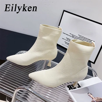 Носки из трикотажной эластичной ткани EilyKen, женские короткие ботинки на низком каблуке, осень-зима, женские ботильоны с острым носком, обувь для стриптиза