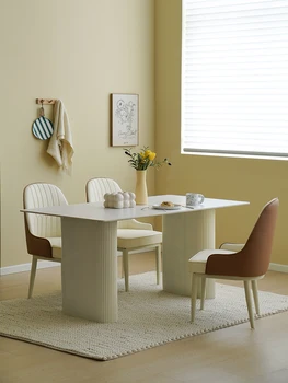 Обеденный стол из каменной плиты во французском кремовом стиле, обеденный стол для маленькой квартиры, домашний белый обеденный стол и стулья прямоугольной формы