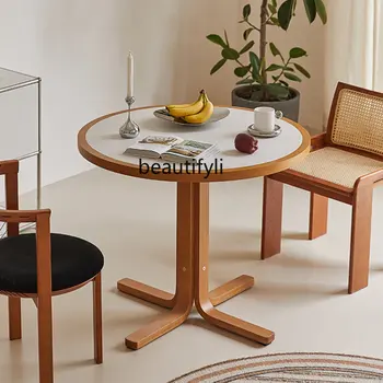 Обеденный стол из массива дерева с каменной плитой, круглый стол средней древности, Легкий Роскошный Домашний столик для переговоров в небольшой квартире, кофейный столик