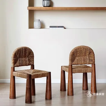 Обеденный стул, плетеный из скандинавской лозы и травы, дизайнерский стул в средневековом стиле, домашняя столовая скамья, стул для семейного кафе со спинкой