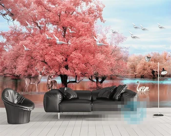 Обои Beibehang на заказ украшение дома фреска фэнтези розовое дерево Лось пейзаж Лебединого озера ТВ фон настенная роспись 3D обои