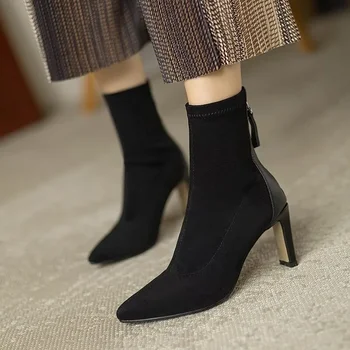 Обувь Женская 2024, Модные женские ботильоны, Элегантные современные ботинки, женские швейные туфли из флока на молнии с острым носком и тонком каблуке, женские туфли из флока на тонком каблуке