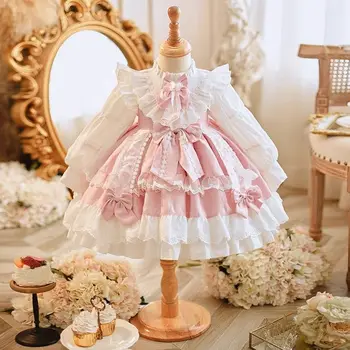 Одежда для девочек, Осенне-зимнее новое милое розовое платье принцессы в западном стиле для маленькой девочки