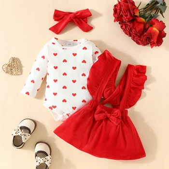 Одежда для маленьких девочек на День Святого Валентина, комбинезон с длинными рукавами с принтом в виде сердца, юбка на подтяжках и повязка с бантом на голове 0-18 месяцев