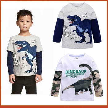 Одежда для мальчиков Летний хлопчатобумажный топ с длинным рукавом Футболка с рисунком динозавра Детская одежда Повседневная футболка Свободная футболка