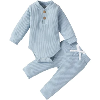 Одежда для новорожденных мальчиков и девочек, трикотажный хлопковый комбинезон в рубчик с длинным рукавом, Длинные брюки, Однотонная осенне-зимняя одежда