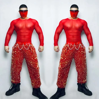 Одежда для танцев на шесте Muscle Man Сексуальный Сетчатый топ, Красные брюки с пайетками Для мужчин, бар, ночной клуб, DS, DJ, Костюм Gogo, Сценический рейв-наряд XS5641