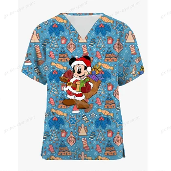 Одежда для ухода с принтом Диснея с Микки Маусом, рождественская женская футболка с V-образным вырезом, женская матовая униформа, женская одежда для ухода