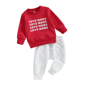 Одежда из 2 предметов для маленьких мальчиков с буквенным принтом на День Святого Валентина Толстовка с длинным рукавом и эластичные штаны Одежда для малышей