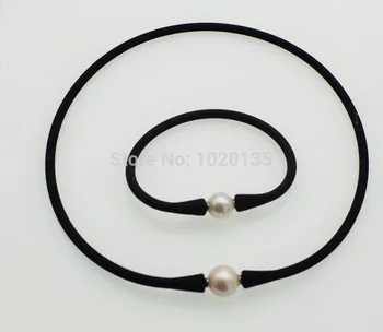 один комплект пресноводного белого жемчуга почти круглого 10-11 мм черного силиконового ожерелья браслет 17-18 дюймов FPPJ оптом бусины природа