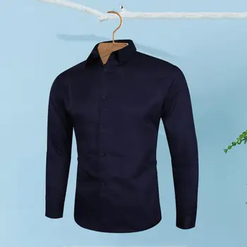 Однобортная рубашка Стильный мужской кардиган с лацканами, приталенная мягкая дышащая рубашка с длинным рукавом для официальной деловой офисной одежды