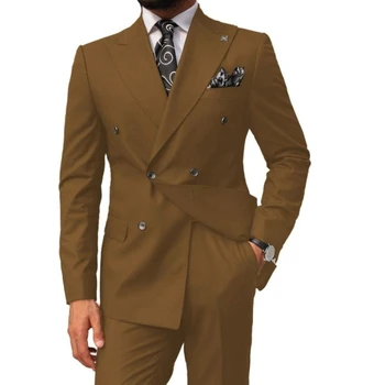 Однотонные коричнево-бордовые мужские костюмы Смокинг высокого класса с остроконечным лацканом Двубортный приталенный костюм Комплект из 2 предметов Блейзер Брюки