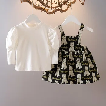 Осенне-весеннее детское платье принцессы для девочек, юбка на подтяжках с животными, Хлопковый комплект одежды из двух предметов, детская свадьба, детский день рождения.