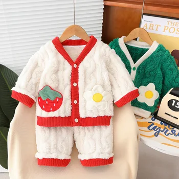 Осенне-зимние комплекты одежды для маленьких девочек и мальчиков, детские теплые плюшевые пальто, брюки, 2 предмета, спортивный костюм для малышей, детская одежда, наряды