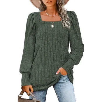 Осенне-зимний женский пуловер 2023 года в полоску с квадратным вырезом, плиссированный пузырь, однотонные свободные модные повседневные топы с длинными рукавами
