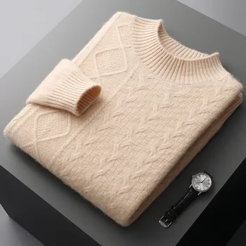 Осенне-зимний новый кашемировый свитер, мужской толстый жаккардовый пуловер с полувысоким вырезом, модная свободная трикотажная нижняя рубашка из чистой шерсти
