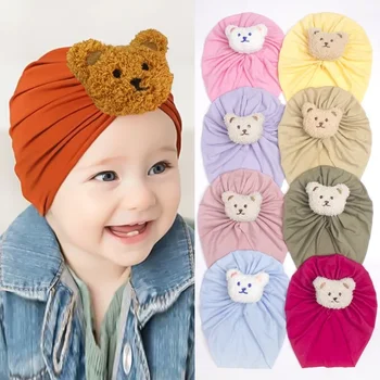 Осенняя новая детская однотонная шапка из искусственного хлопка, удобная дышащая шапка-пуловер с медведем, детская шапка